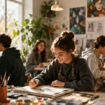 A teenager sits down to draw